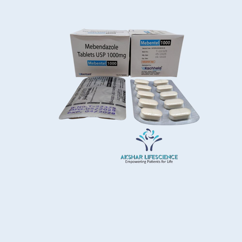 Mebentel Mebendazole 1000 mg tablet used for treating intestinal worm infections.