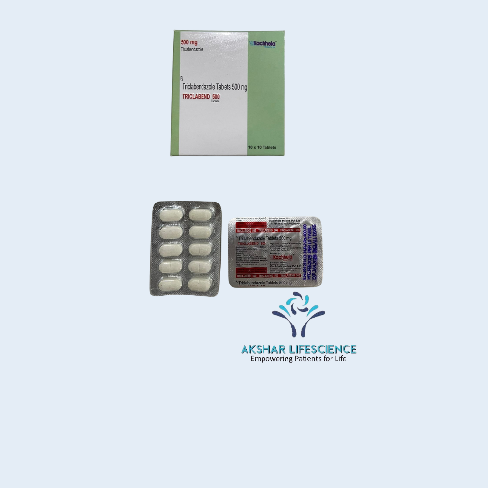 Triclabend 500 mg tablet strip used for treatment of parasitic infections containing triclabendazole.