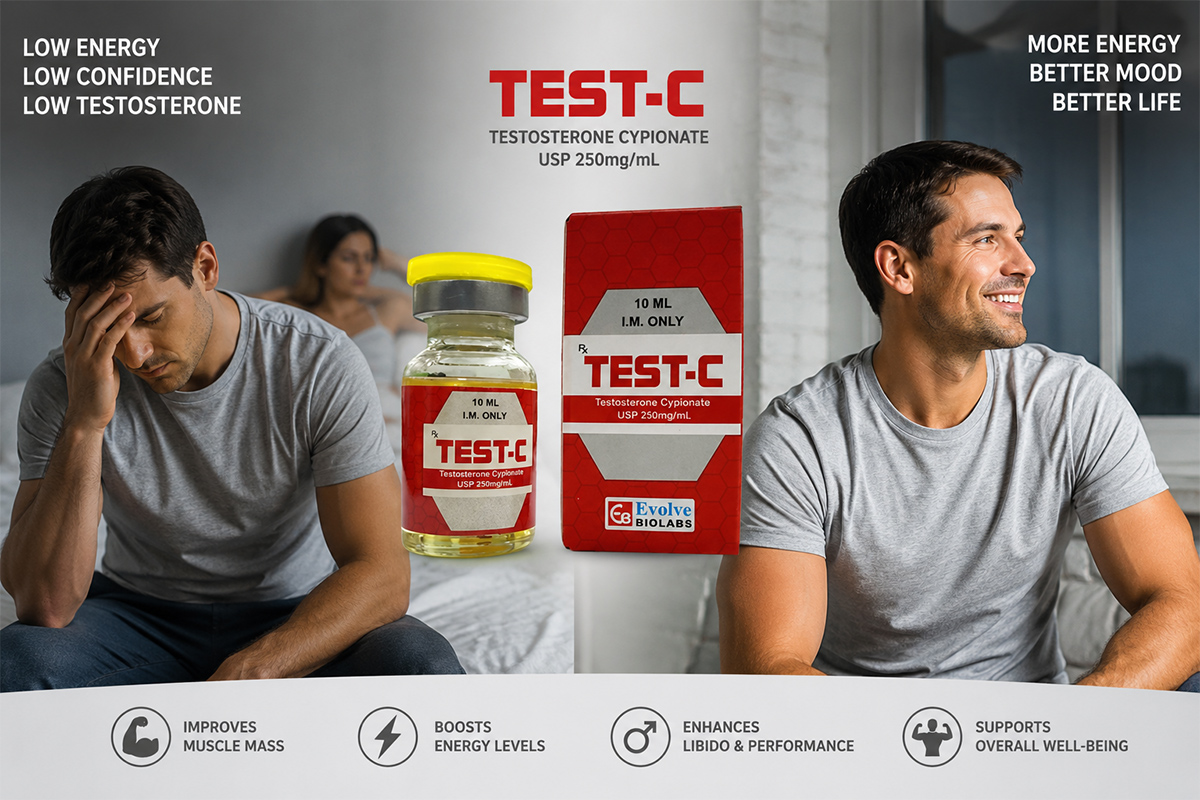 Test C (Testosterone Cypionate) injection supporting testosterone replacement therapy for men with low testosterone symptoms