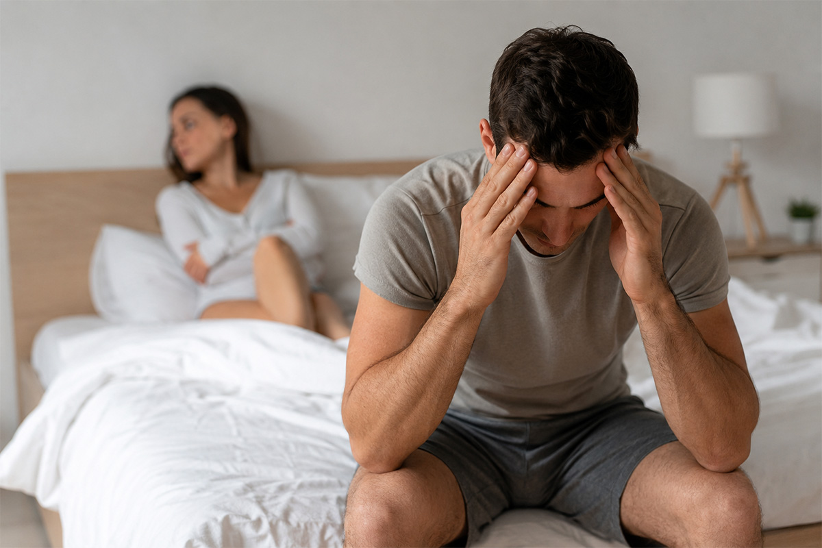 Man experiencing Erectile Dysfunction with emotional stress and relationship concerns in a bedroom setting