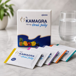 Kamagra Oral Jelly: Educational Guide to Uses, How It Works, Safety & Precautions 1 Kamagra Oral Jelly sachets and packaging displayed on a clean white background