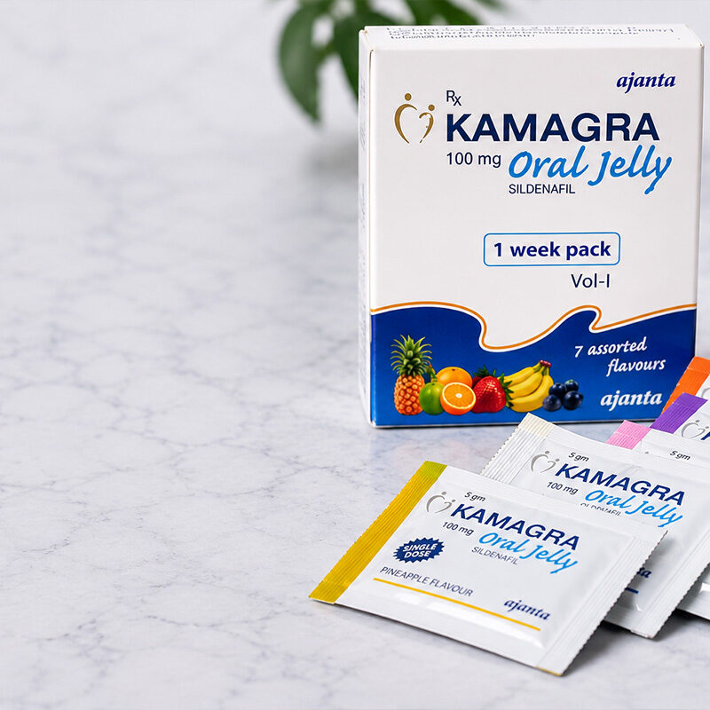 Kamagra Oral Jelly sachets and packaging for erectile dysfunction treatment