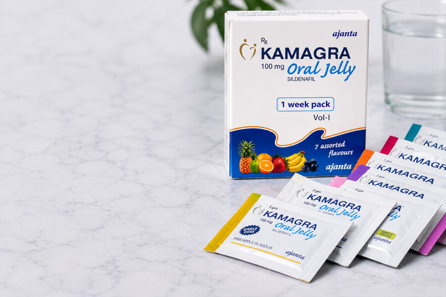 Kamagra Oral Jelly sachets and packaging for erectile dysfunction treatment