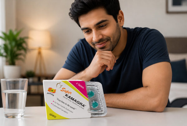 Super Kamagra Tablets: Uses, Benefits, Dosage, Side Effects & Safety Guide 7 Man with Super Kamagra Tablets packaging in a realistic healthcare-related setting