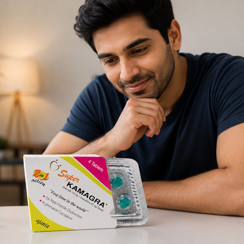 Man with Super Kamagra Tablets packaging in a realistic healthcare-related setting