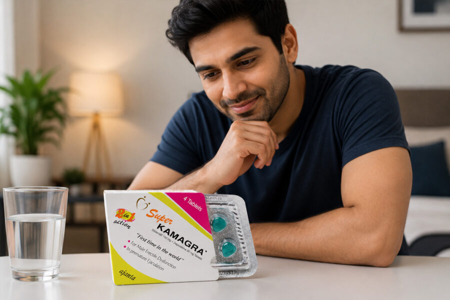 Man with Super Kamagra Tablets packaging in a realistic healthcare-related setting