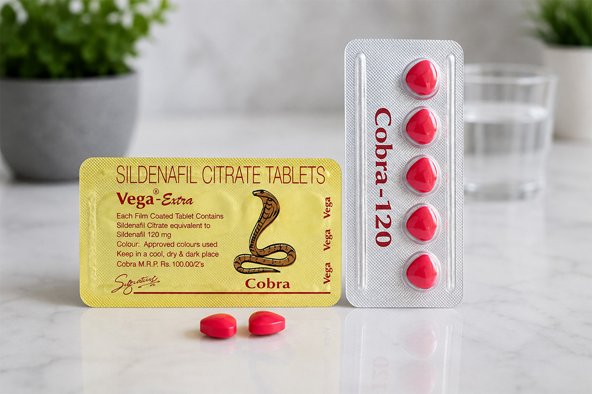 Cobra Tablet Uses for erectile dysfunction shown with sildenafil tablets in a realistic healthcare setting