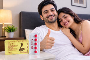 Cobra Tablet Uses: Complete Guide to Uses, Benefits, Dosage, Side Effects & Safety 1 Cobra Tablet Uses shown with a happy couple and sildenafil tablet packaging
