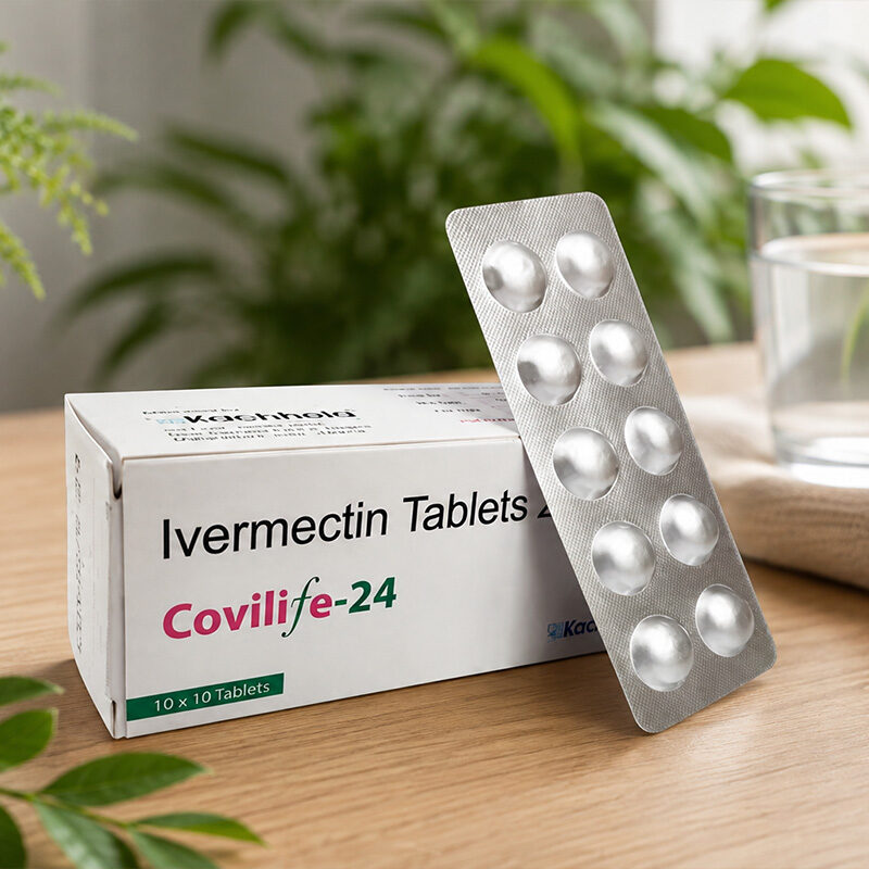 Covilife 24mg Ivermectin Tablets box and blister pack on a wooden table