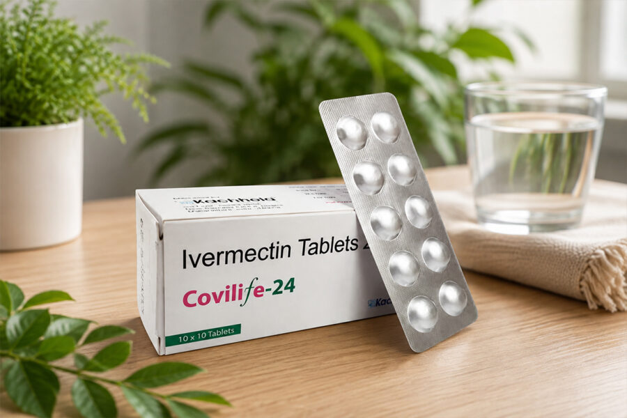 Covilife 24mg Ivermectin Tablets box and blister pack on a wooden table