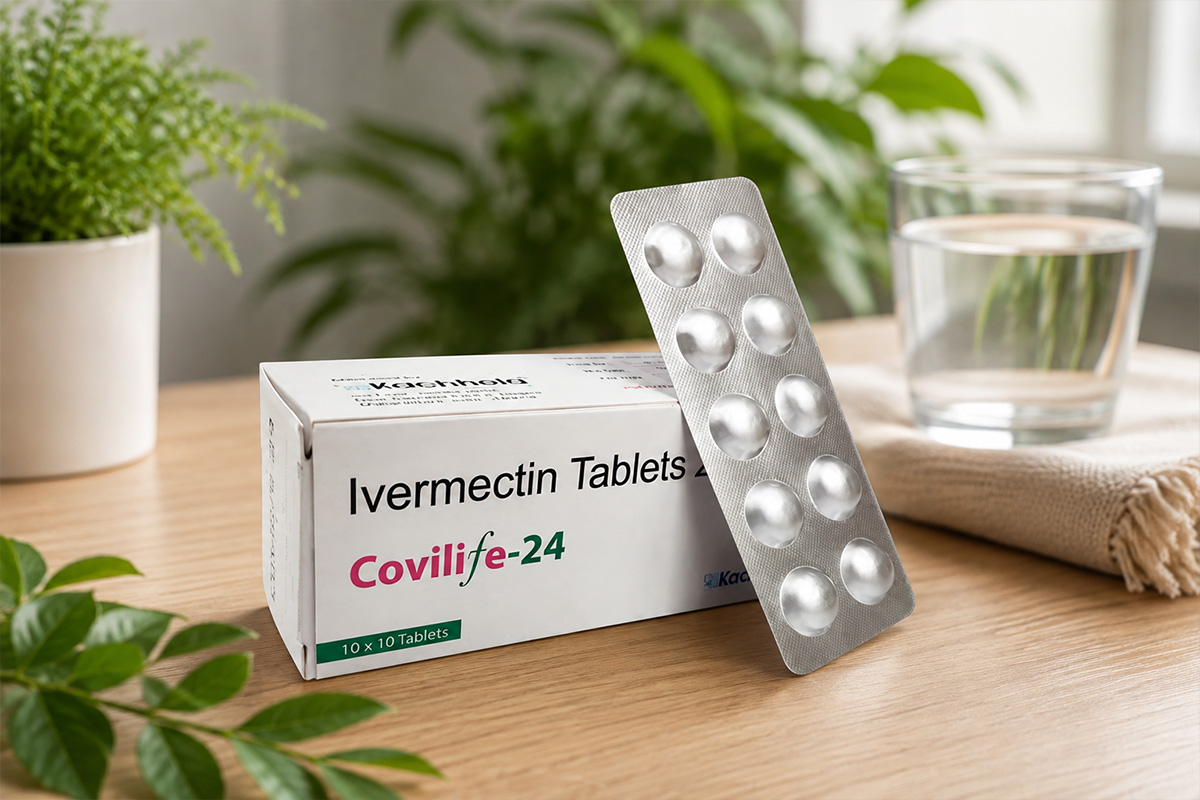 Covilife 24mg Ivermectin Tablets box and blister pack on a wooden table