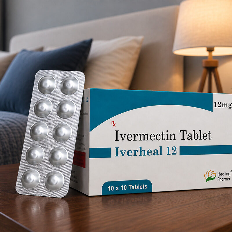 Iverheal 12 mg Ivermectin Tablet box and blister pack on a bedroom table