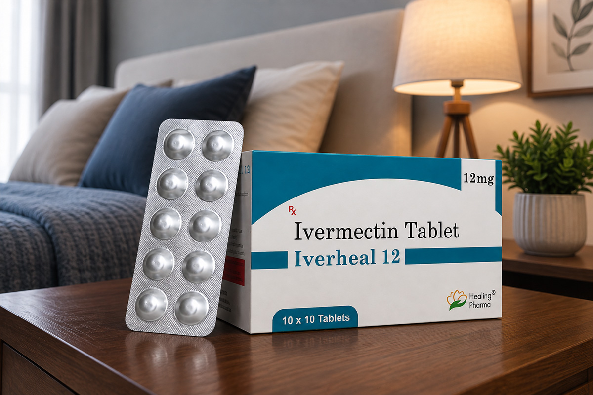 Iverheal 12 mg Ivermectin Tablet box and blister pack on a bedroom table