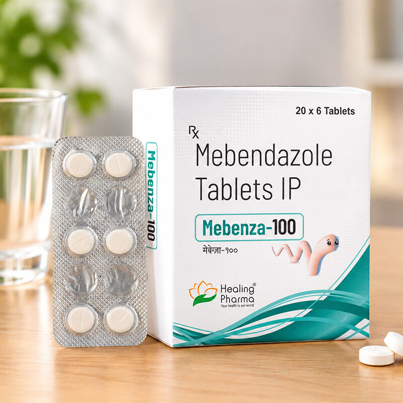 Mebenza 100 mg Tablet box and blister pack with water on a wooden table