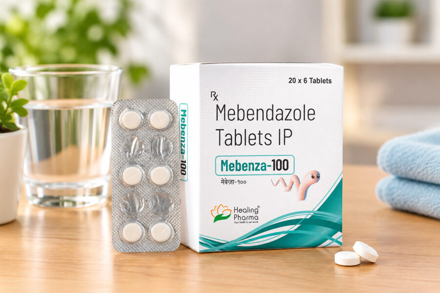 Mebenza 100 mg Tablet box and blister pack with water on a wooden table