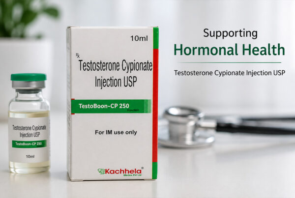 Testoboon CP 250mg testosterone cypionate injection product shown in a realistic medical setting