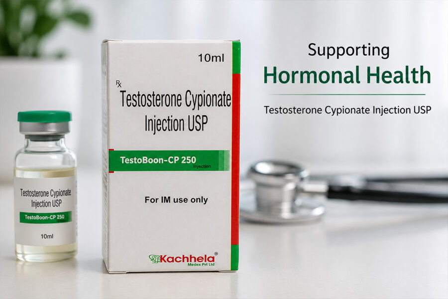 Testoboon CP 250mg testosterone cypionate injection product shown in a realistic medical setting