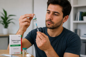 Testoboon CP 250mg: Uses, Benefits, Dosage, Side Effects & Safety Guide 1 Man preparing Testosterone Cypionate injection with Testoboon CP 250