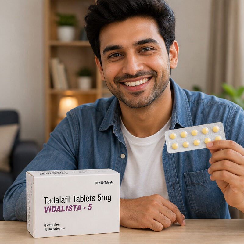 Man holding Vidalista 5 mg tablet blister pack in a realistic indoor setting