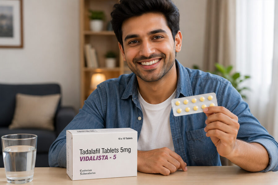 Man holding Vidalista 5 mg tablet blister pack in a realistic indoor setting