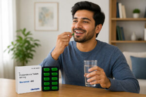 Wormentel 444 mg: Uses, Benefits, Dosage, Side Effects & Safety Guide 1 Adult man holding water with Wormentel 444 mg Fenbendazole Tablets on table