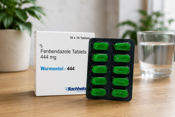 Wormentel 444 mg: Uses, Benefits, Dosage, Side Effects & Safety Guide 5 Wormentel 444 mg Fenbendazole Tablets box and blister pack on a wooden table