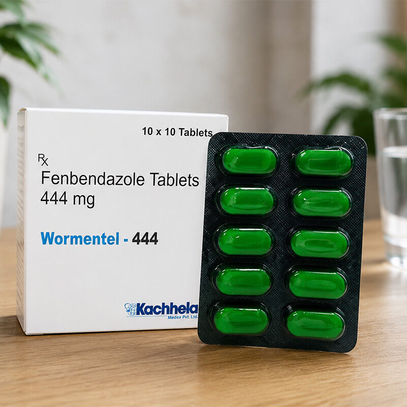 Wormentel 444 mg Fenbendazole Tablets box and blister pack on a wooden table