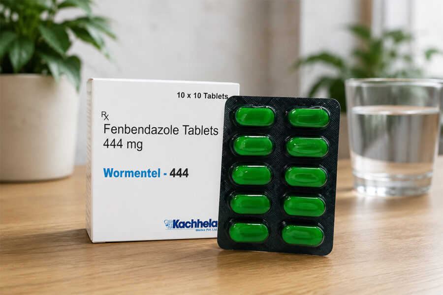 Wormentel 444 mg Fenbendazole Tablets box and blister pack on a wooden table