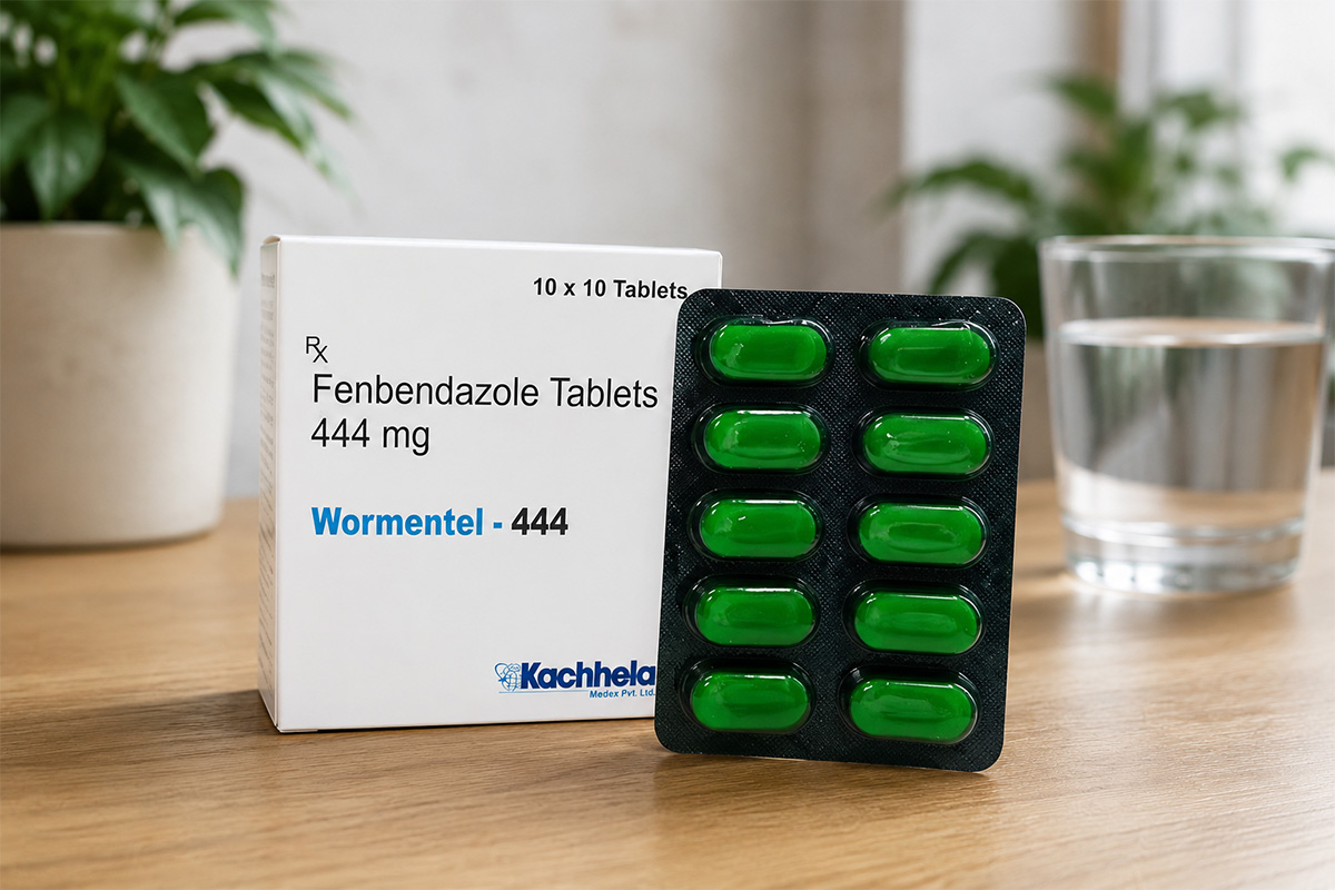 Wormentel 444 mg Fenbendazole Tablets box and blister pack on a wooden table